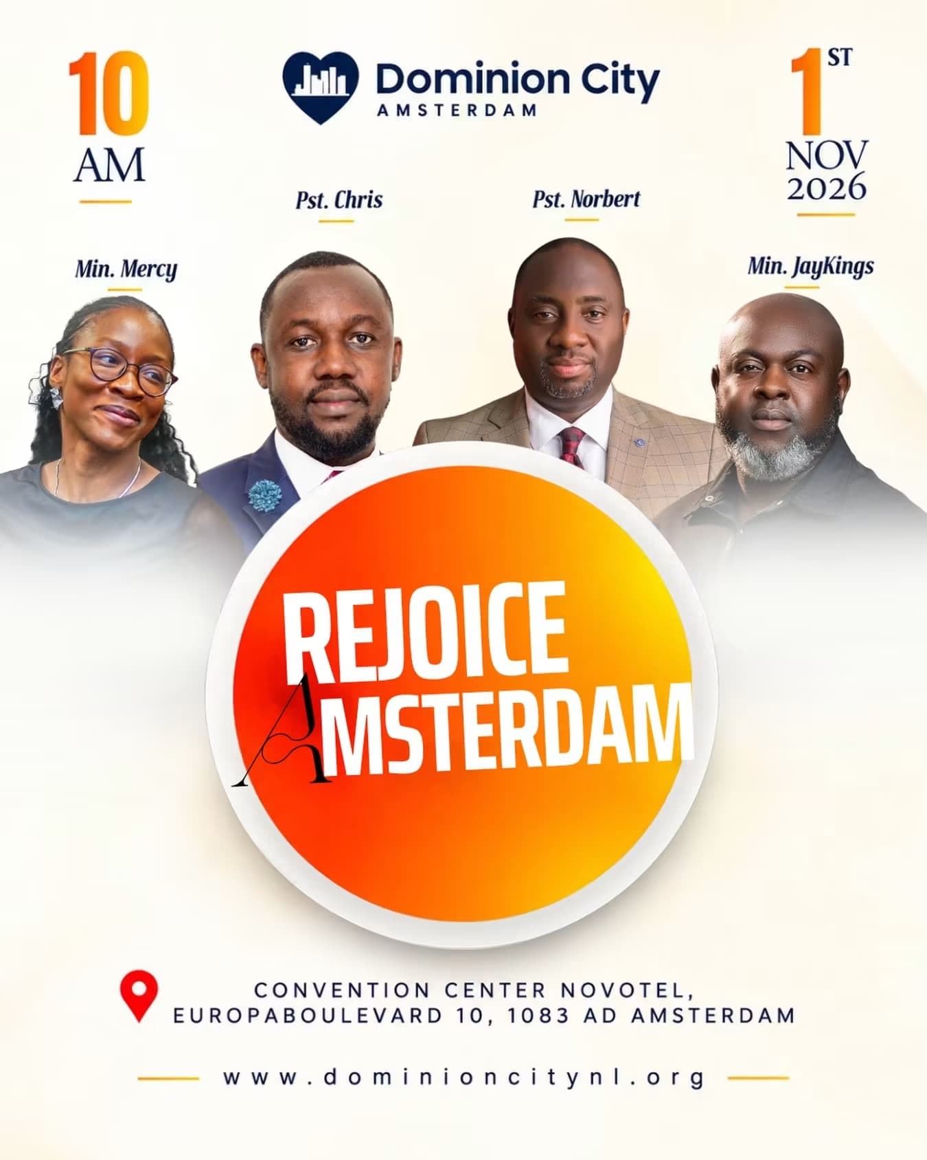 Rejoice Amsterdam special meeting flyer: 1 November 2026 at 10 AM, Convention Center Novotel, with Pst. Chris, Pst. Norbert, Min. Mercy and Min. JayKings.